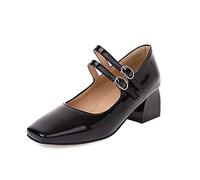 CuteFlats Women Comfort Mid Block Heels Mary Jane with Square Toe Black