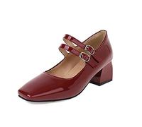 CuteFlats Women Comfort Mid Block Heels Mary Jane with Square Toe Red