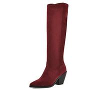 CuteFlats Women Knee-High Biker Boots with Pointed Toe and High Chunky Heel Burgundy