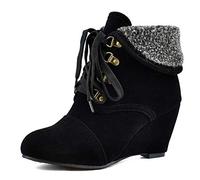 CuteFlats Women Lace-Up Wedge Ankle Boots with Round Toe Black