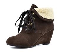 CuteFlats Women Lace-Up Wedge Ankle Boots with Round Toe Brown