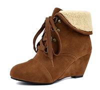 CuteFlats Women Lace-Up Wedge Ankle Boots with Round Toe Khaki