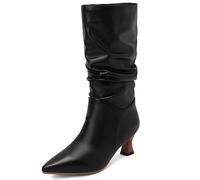 CuteFlats Women Leisure Slip-on Mid-Calf Slouch Boots with Kitten Heels and Pointed Toe