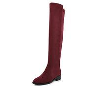 CuteFlats Women Over The Knee Stretch Boots with Low Chunky Heel Burgundy
