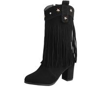 CuteFlats Women Refined Round Toe Chunky Heel Fringe Suede Ankle Boots (Black, 5 UK)