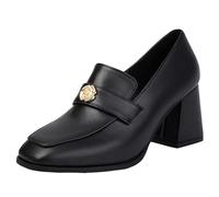 CuteFlats Women’s Synthetic Suede Court Shoes | 7cm Block Heel with Slip-On Design; Square Toe for Comfort, Office & Vintage Soft Looks Black