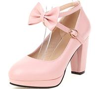 CuteFlats Women Sweet Cross Strap Court Shoes with Bowknot and Block Heels