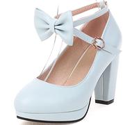 CuteFlats Women Sweet Cross Strap Court Shoes with Bowknot and Block Heels Light Blue