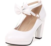 CuteFlats Women Sweet Cross Strap Court Shoes with Bowknot and Block Heels White