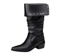 CuteFlats Women's 2-in-1 Convertible Slouch Boots Foldable Shaft | Knee High & Mid Calf Styles | 5.5CM Chunky Heel & Studs | For Daily Wear