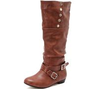 CuteFlats Women's Knee High Boots Buckle | Stud Decorated Boots with 2cm Heel for Retro Daily Use