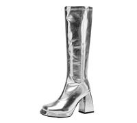 CuteFlats Women's Knee High Boots Metal Color | Square Toe Retro Boots for Party & Daily Wear, 9cm Block Heel