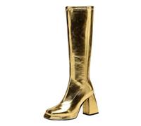 CuteFlats Women's Knee High Boots Metal Color | Square Toe Retro Boots for Party & Daily Wear, 9cm Block Heel