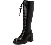 CuteFlats Women's Knee High Boots Round Toe | Lace Up Boots 9.5cm Heel 3cm Platform Urban Wear