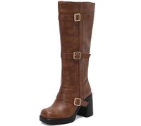 CuteFlats Women's Knee High Boots Square Toe | Buckle Detail Boots 9cm Heel 2cm Platform Urban Outings