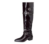 CuteFlats Women's Knee High Boots with Buckle Pointed Toe & 5.5CM Block Heel | Plush Lining & Grippy Sole | For Commutes & Casual Outings