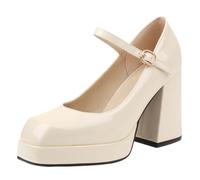 CuteFlats Women's Low-Cut Square Toe Court Shoes, Mary Jane Block Heel with Buckle, 9.5cm Heel & 2cm Platform, Slip-Resistant Rubber Sole for Office Daily & Party Nights