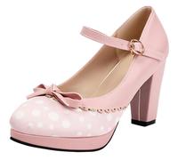 CuteFlats Womens Mary Jane Backstrap Shoes, Polka Dot Color Block Cone Heel Court Shoes, Stylish Bow Accent, 8.5cm Heel with 1.5cm Platform for Daily & Dating Outfits Pink