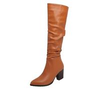 CuteFlats Women's Pleated Knee Boots | Pointed Toe Boots with 7cm Block Heel & Side Zipper