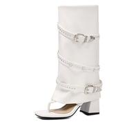 CuteFlats Women's Toe Post Mid-Calf Boot Sandals Block Heel with Rhinestone Buckle for Casual Outings