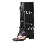 CuteFlats Women's Toe Post Mid-Calf Boot Sandals Block Heel with Rhinestone Buckle for Casual Outings