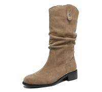 CuteFlats Women's Western Mid-Calf Boots Round Toe Block Heel | Pull-On Suede Boots for Comfort