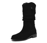 CuteFlats Women's Western Mid-Calf Boots Round Toe Block Heel | Pull-On Suede Boots for Comfort
