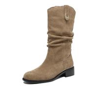 CuteFlats Women's Western Mid-Calf Boots Round Toe Block Heel | Pull-On Suede Boots for Comfort