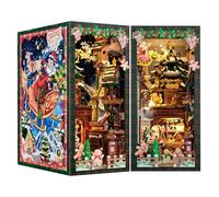 Cutefun - Wooden Dollhouse Book Nook Kit - DIY Miniature Dollhouse Bookshelf Library Corner Modelling Kit with LED Lights - Library, Plant, Shop