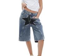 CUTEGAL Star Jorts Unisex Jorts Women Mid Rise Stretchy Patchwork Denim Shorts Wide Leg Baggy Jeans Men Y2k Pants (A,Small,Small), A