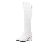 CUTEHEELS Women Knee-High Knight Boots - Round Toe Chunky Heel White