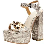 CUTEHEELS Women Round Toe Block Heel Sandals | Simple Single Band Layout, Retro Metal Stud Detail, 14.5cm Block Heel 4.5cm Platform for Denim Matching Chic Street Styles