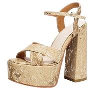 CUTEHEELS Women Round Toe Cross Strap Heel Sandals | Vintage Snake Texture, Neat Band Layout, 14.5cm Block Heel 4cm Platform for Blazer Matching Street Chic Looks