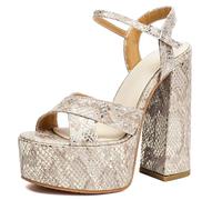 CUTEHEELS Women Round Toe Cross Strap Heel Sandals | Vintage Snake Texture, Neat Band Layout, 14.5cm Block Heel 4cm Platform for Blazer Matching Street Chic Looks