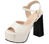CUTEHEELS Women Square Peep Toe Block Heel Sandals | Minimalist Single Band Design, Easy Care Surface, 13cm Block Heel 4cm Platform for Coat Matching European Trendy Outfits