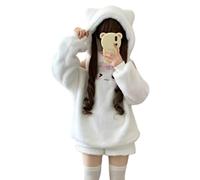 Cuteighteen Bunny Hoodie Women Fuzzy Kawaii Clothes Off The Shoulder Tops Cutecore Oversized Sweatshirt with Cat Ear Pullover, Cream White, One Size