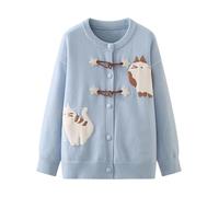 Cuteighteen Cat Sweaters for Women Japanese Casual Kawaii Fun Patterned Cardigan Crew Neck Button Up Cozy Knit Coats, Light Blue, One size
