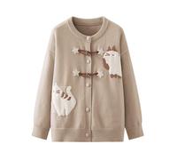 Cuteighteen Cat Sweaters for Women Japanese Casual Kawaii Fun Patterned Cardigan Crew Neck Button Up Cozy Knit Coats, Khaki, One size