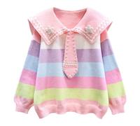 Cuteighteen Colorful Striped Sweater Women Flower Pearl Beading Cozy Chunky Loose Color Block Knit Sweaters Pullover Tops, Pink, One size