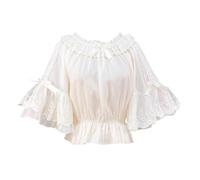 Cuteighteen Japanese Kawaii Lolita Chiffon Blouse Women Renaissance Victorian Ruffle Flutter Sleeve Tops Fancy Vintage Shirts, Cream Beige, One Size