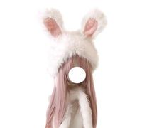 Cuteighteen Lolita Kawaii Fluffy Bunny Hat Women Cute Funny Rabbit Ear Beanie Plush Winter Cap Easter Costume Accessories (White)
