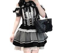 Cuteighteen Lolita Kawaii Ruffle Short Skirt Women Teen Girls Japanese Elastic High Waisted Y2k Tiered Lace Flowy Cute Skirts, Black, One Size