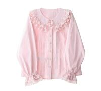 Cuteighteen Lolita Long Sleeve Blouses Women Peter Pan Collar Victorian Shirt Vintage Lace Dressy Frilly Tops Trendy Spring, Pink, L