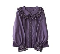 Cuteighteen Lolita Long Sleeve Blouses Women Peter Pan Collar Victorian Shirt Vintage Lace Dressy Frilly Tops Trendy Spring, Purple, L