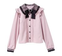 Cuteighteen Lolita Peter Pan Collar Victorian Blouse Women Lace Long Sleeve Shirt Gothic Kawaii Vintage Ruffle Bow Top, Pink, XL