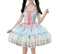 Cuteighteen Lolita Sleeveless Dress Kawaii Sweet Princess Cosplay Costume Elegant A Line Lace Trim Tea Party Short Dresses, Blue, Medium