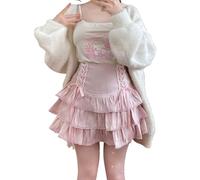 Cuteighteen Lolita Tiered Mini Skirt Women Skorts Kawaii Layered Ruffle High Waist Lace Up A Line Cute Skirts for Teen Girls, Pink, M