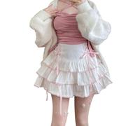 Cuteighteen Lolita Tiered Mini Skirt Women Skorts Kawaii Layered Ruffle High Waist Lace Up A Line Cute Skirts for Teen Girls, White, M