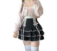 Cuteighteen Lolita Tiered Mini Skirt Women's Skorts Kawaii Layered Ruffle High Waist Lace Up A Line Cute Skirts for Teen Girls, Black, L
