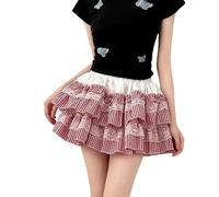 Cuteighteen Lolita Y2K Ruffle Tiered Skirt Teen Petite Women Mini Skort Patchwork Plaid Lace Short High Waisted Casual Skirts, Red and White, One Size